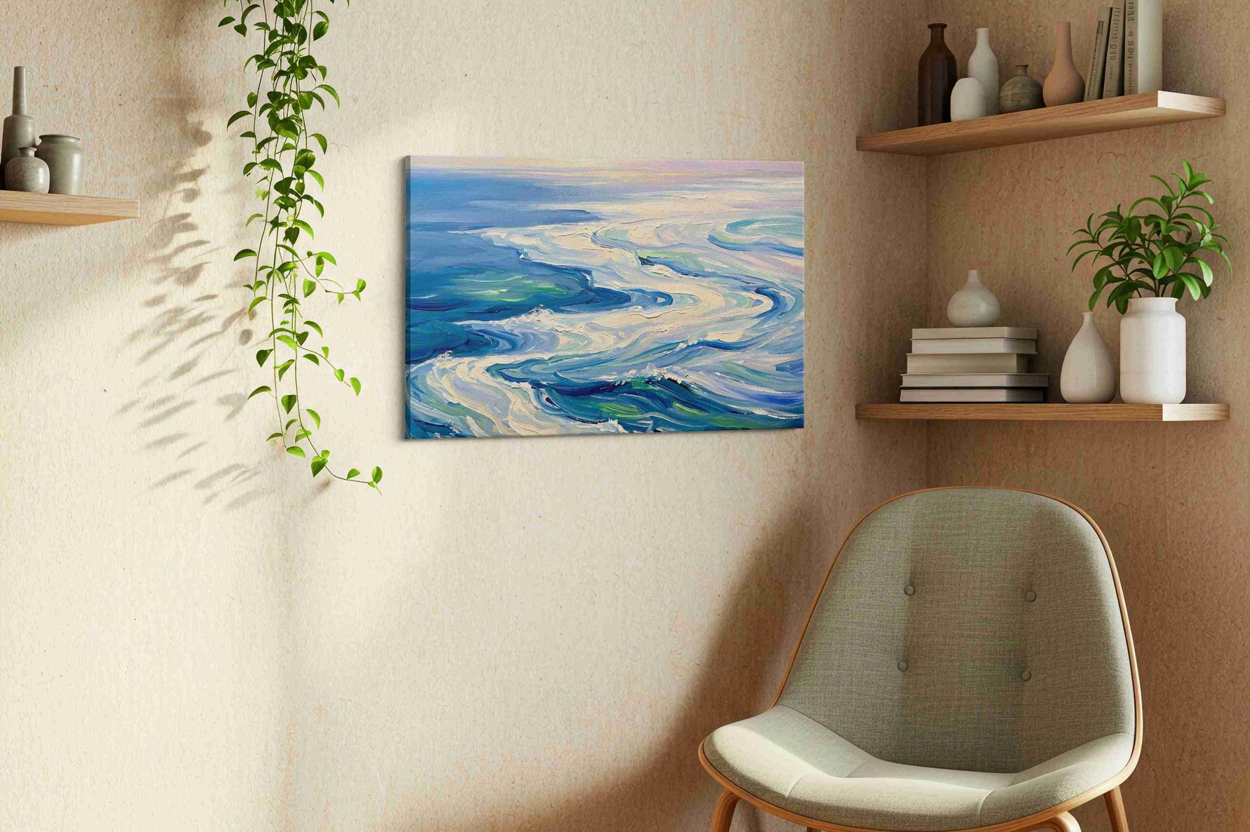 Opaline Tide Reverie II ocean canvas print styled in a living room