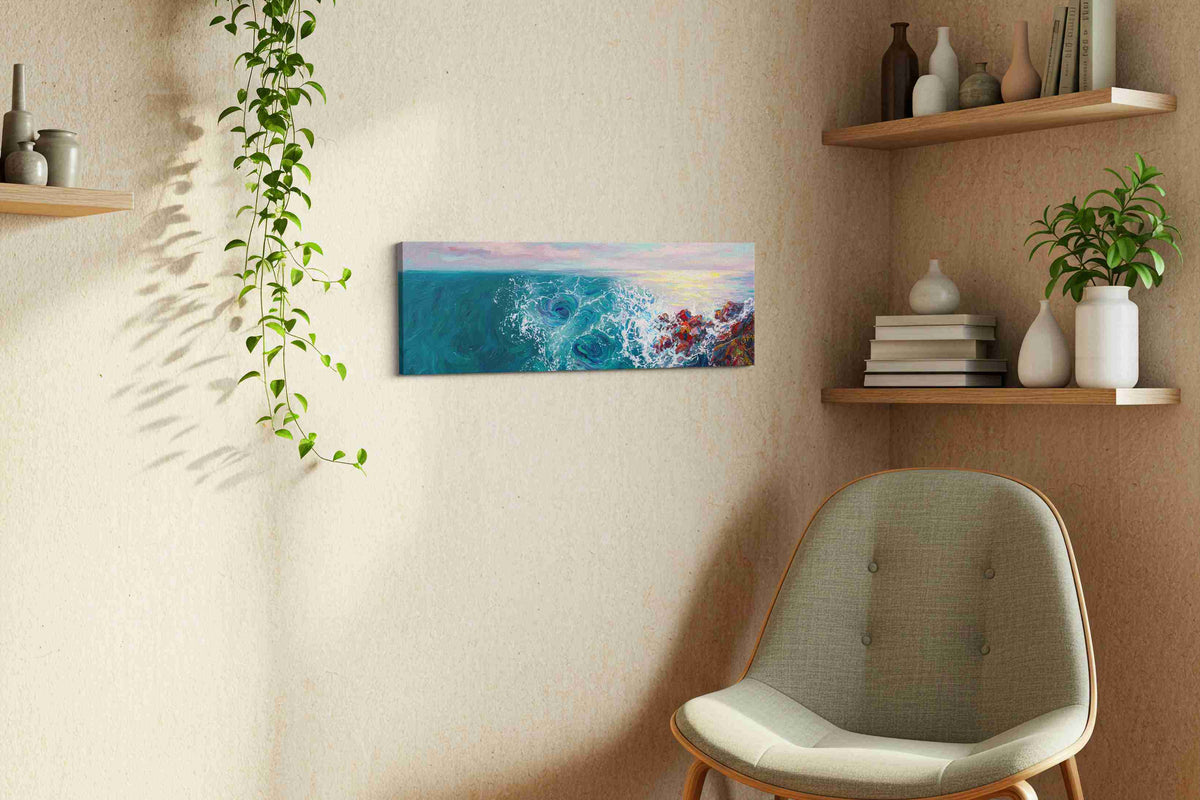 Opaline Tidebreak ocean canvas print, displayed in a living room