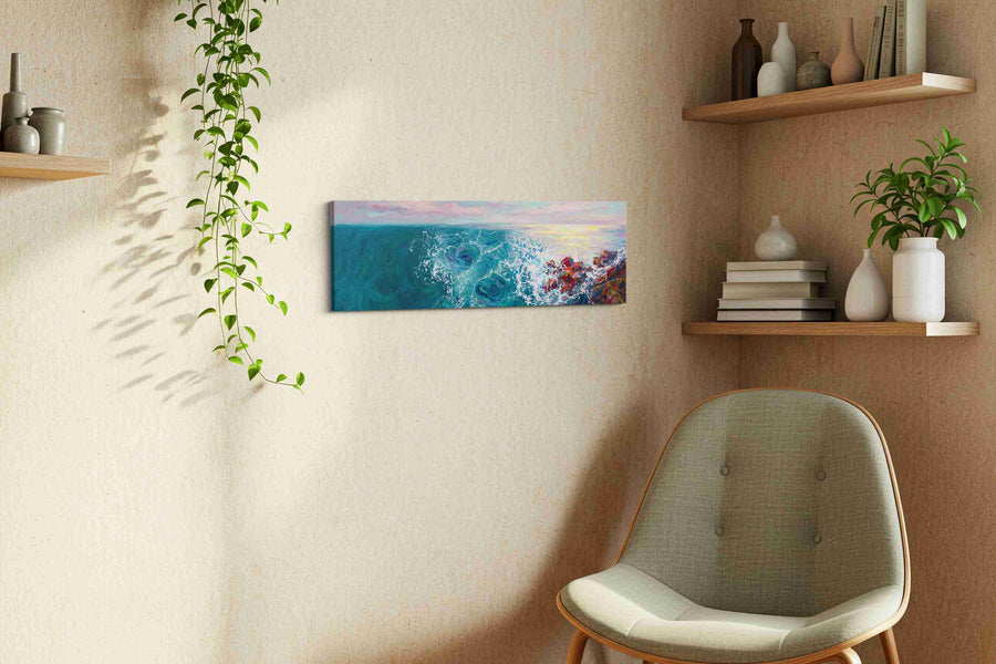 Opaline Tidebreak ocean canvas print, displayed in a living room