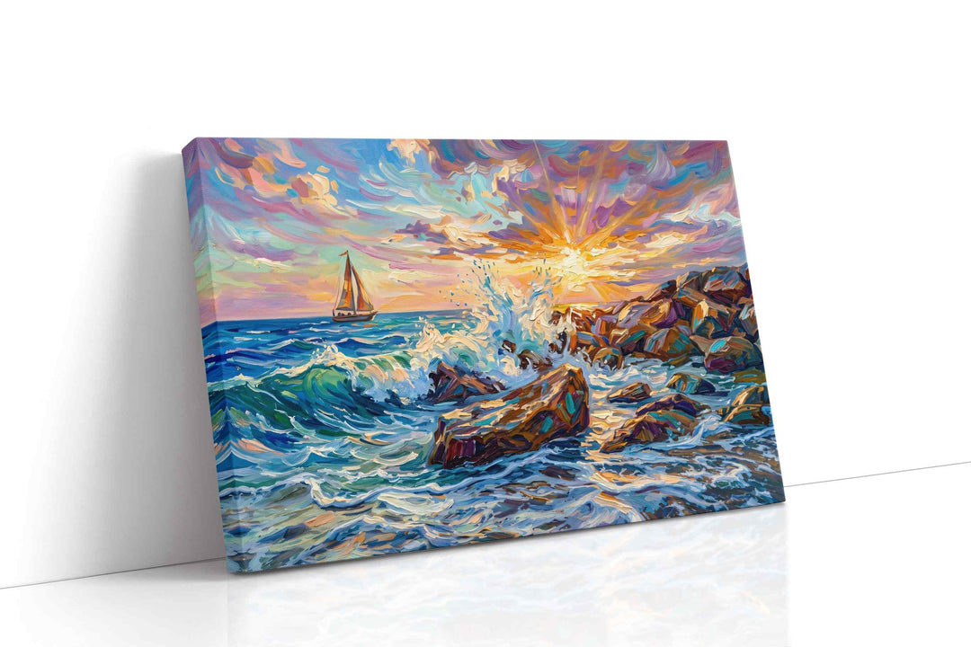 Sunfire on the Breakers - Coastal Wall Art, Ocean Canvas Print, Beach House Decor