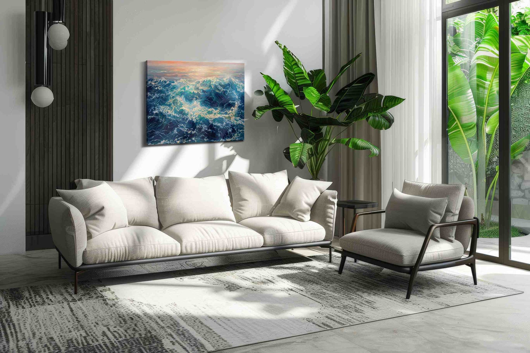 Sunlit Tempest Reverie ocean canvas print in a modern interior mockup