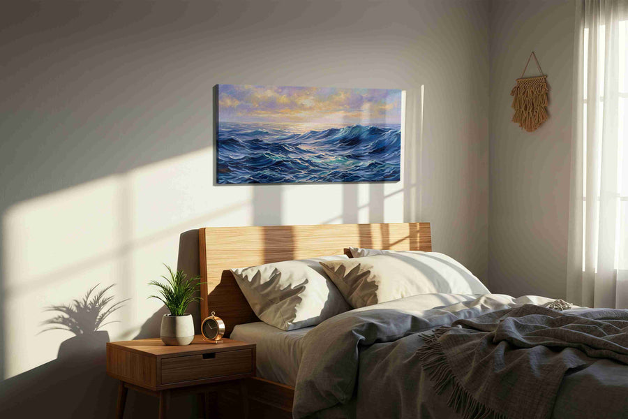 Where Dawn Meets the Tides ocean canvas print, displayed in a bedroom