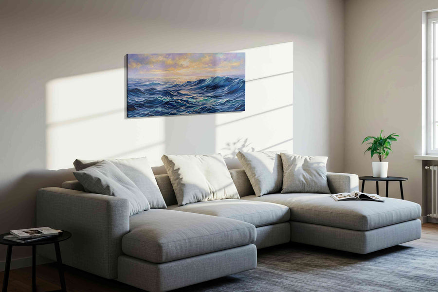 Where Dawn Meets the Tides ocean canvas print styled in a living room