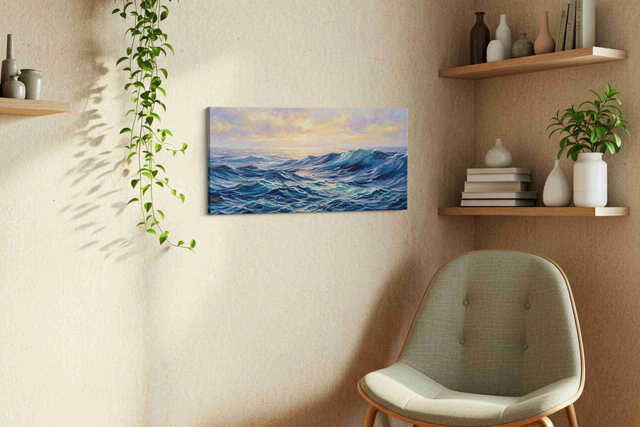 Where Dawn Meets the Tides ocean canvas print, displayed in a living room