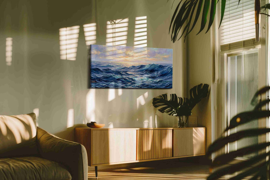 Where Dawn Meets the Tides ocean canvas print in a hung canvas mockup