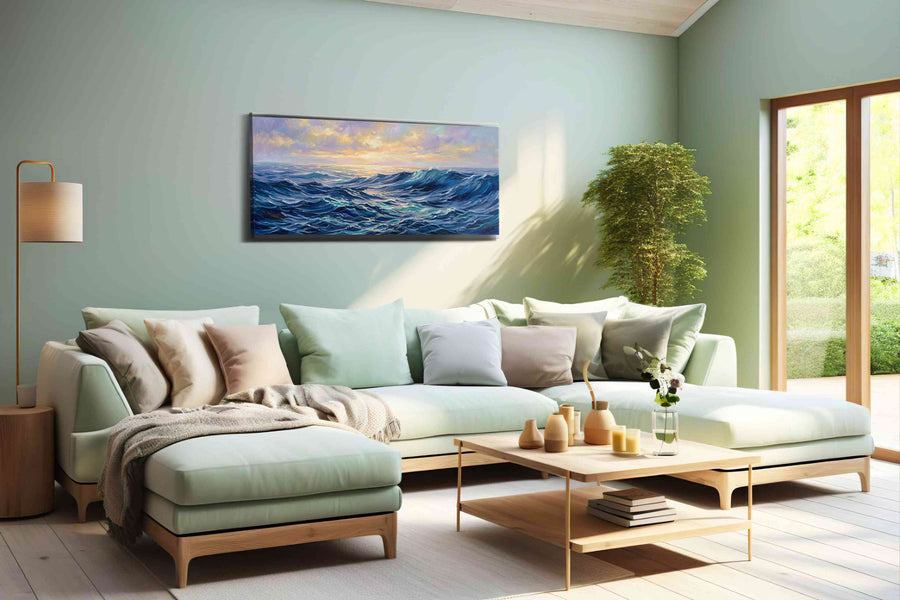 Where Dawn Meets the Tides ocean canvas print, hanging on wall