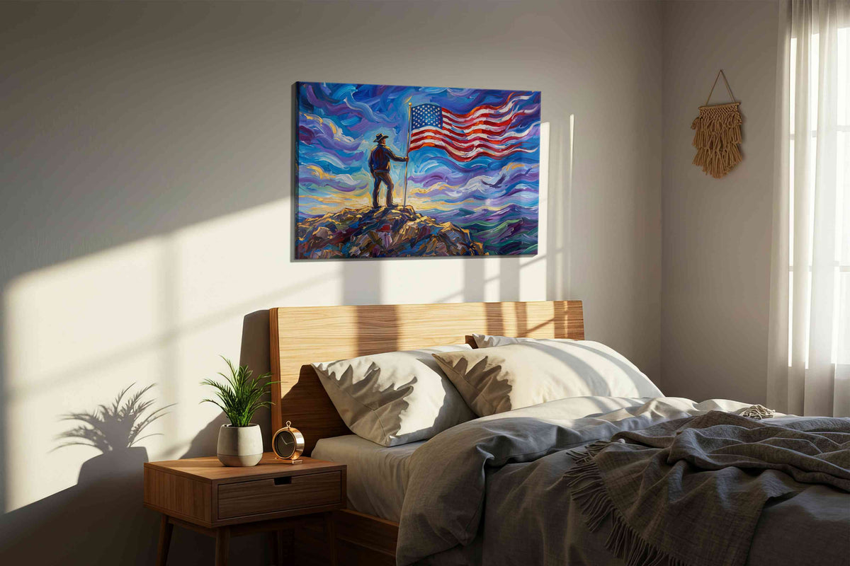 Liberty in the Tempest patriotic canvas print, displayed in a bedroom