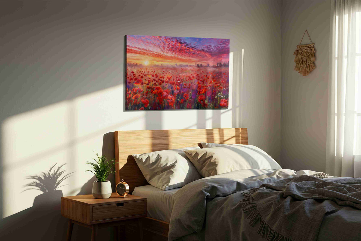 Crimson Reverie at Daybreak poppies canvas print, displayed in a bedroom