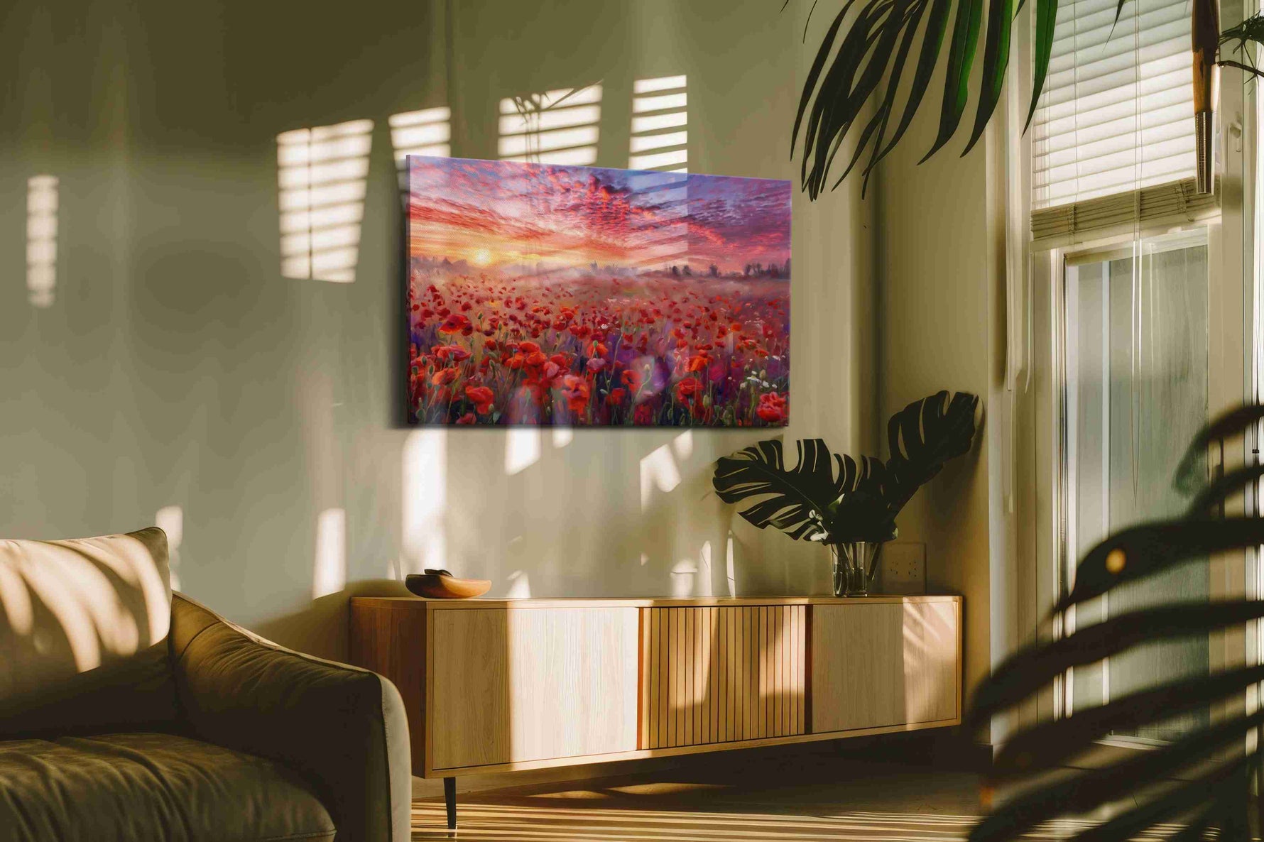 Crimson Reverie at Daybreak poppies canvas print in a hung canvas mockup