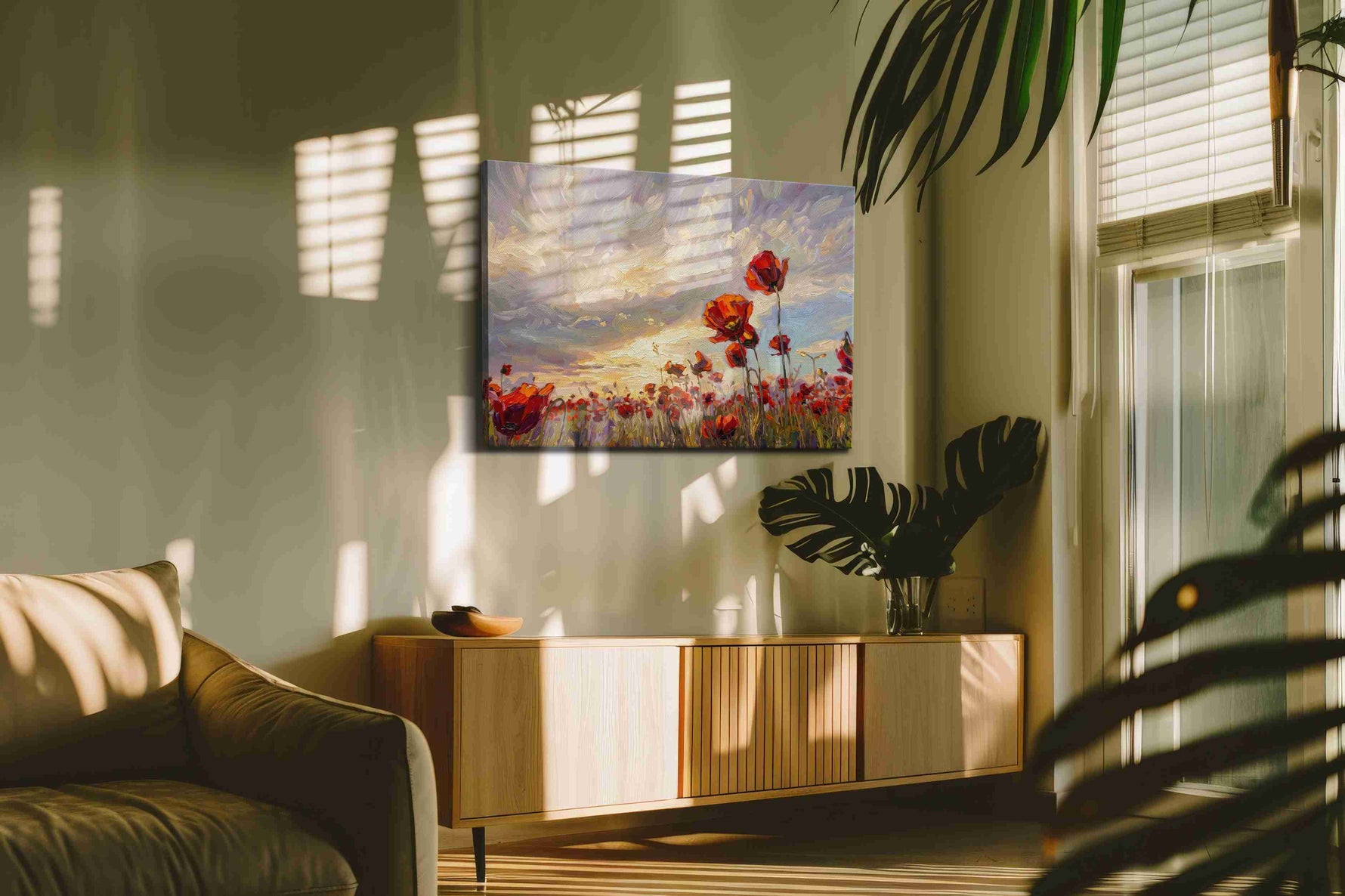 Ember Bloom Horizon II poppies canvas print in a contemporary interior mockup