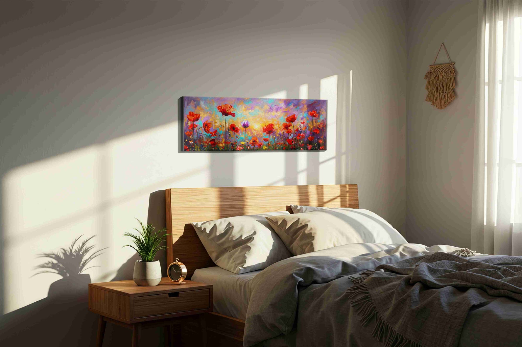 Ember Bloom Reverie poppies canvas print, displayed in a bedroom