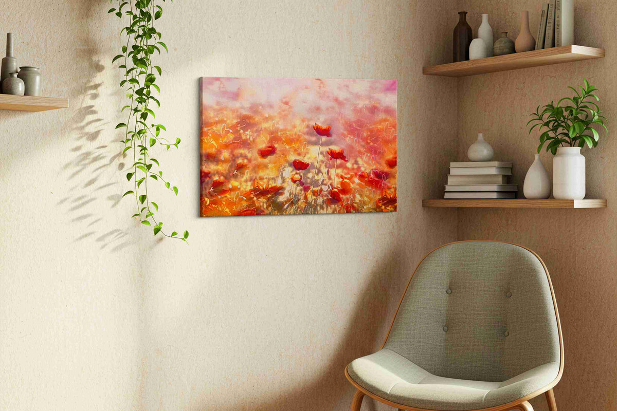 Ember Bloom Reverie II poppies canvas print styled in a living room