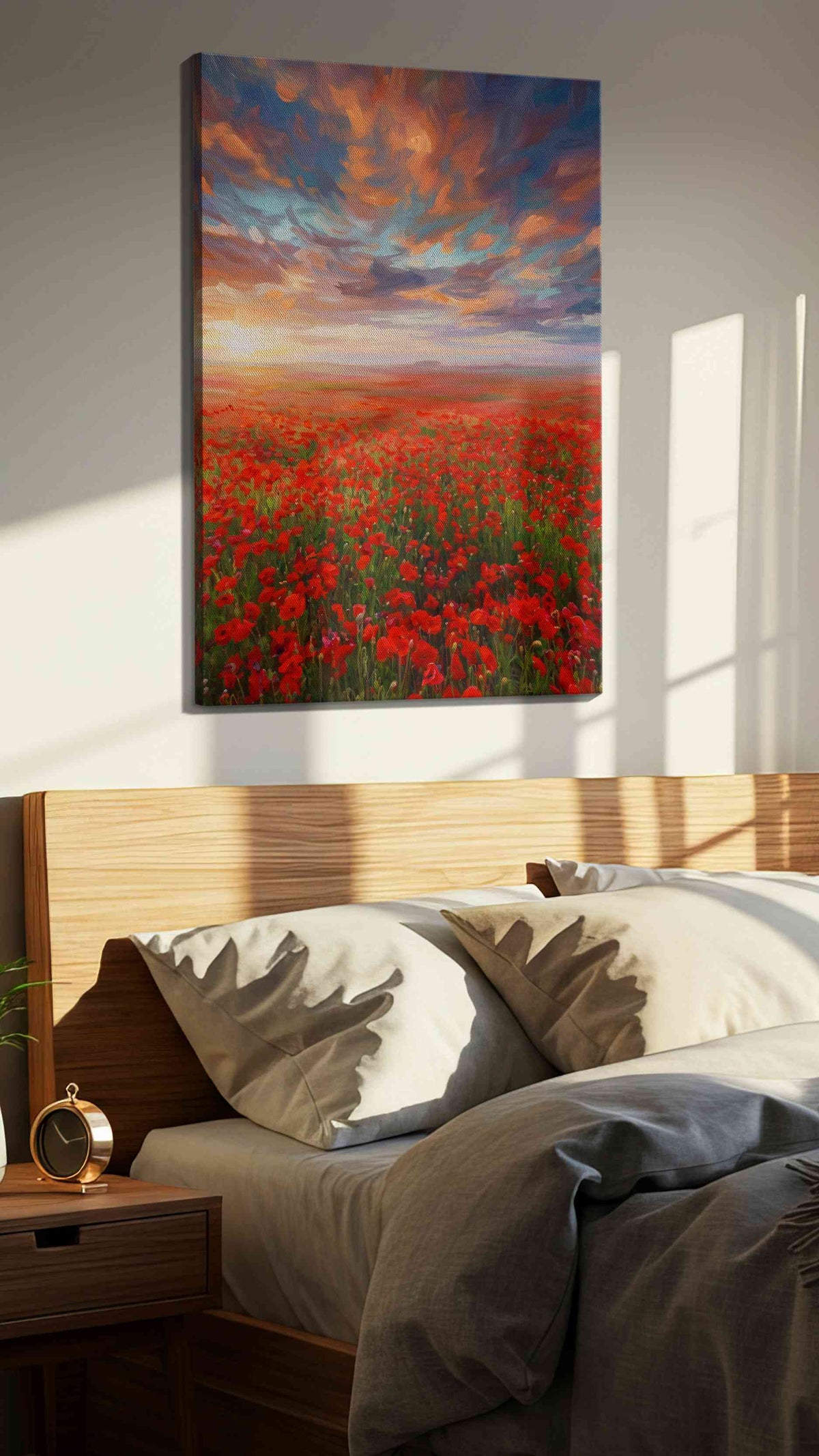 Ember Sky Poppy Reverie poppies canvas print, displayed in a bedroom