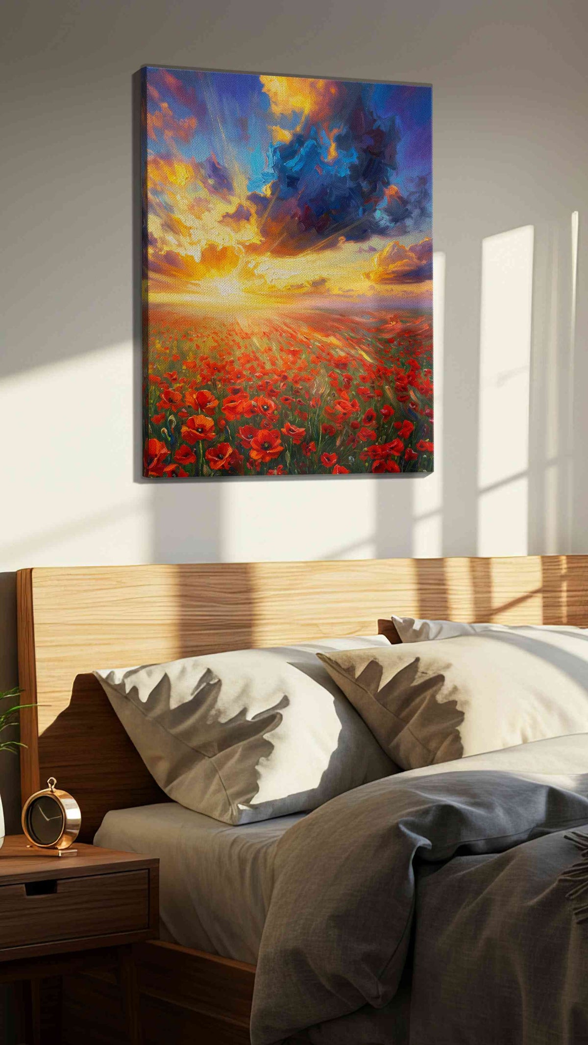 Emberlight Poppy Reverie poppies canvas print, displayed in a bedroom