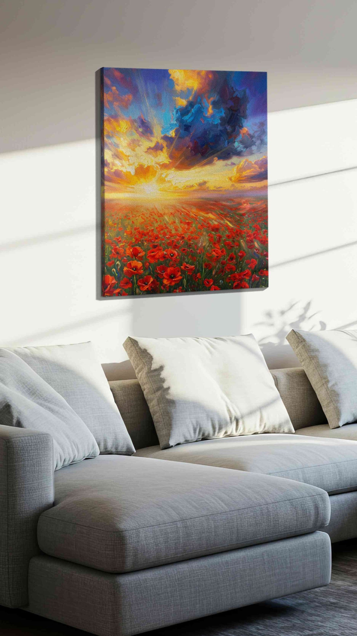 Emberlight Poppy Reverie poppies canvas print, displayed in a living room