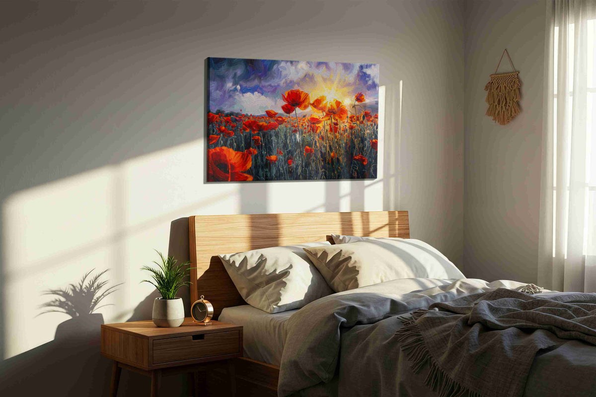 Embers Beneath the Storm poppies canvas print, displayed in a bedroom