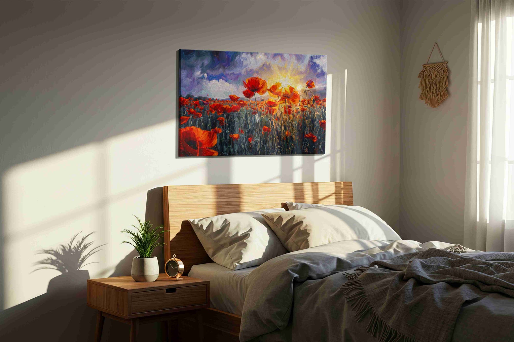 Embers Beneath the Storm poppies canvas print, displayed in a bedroom