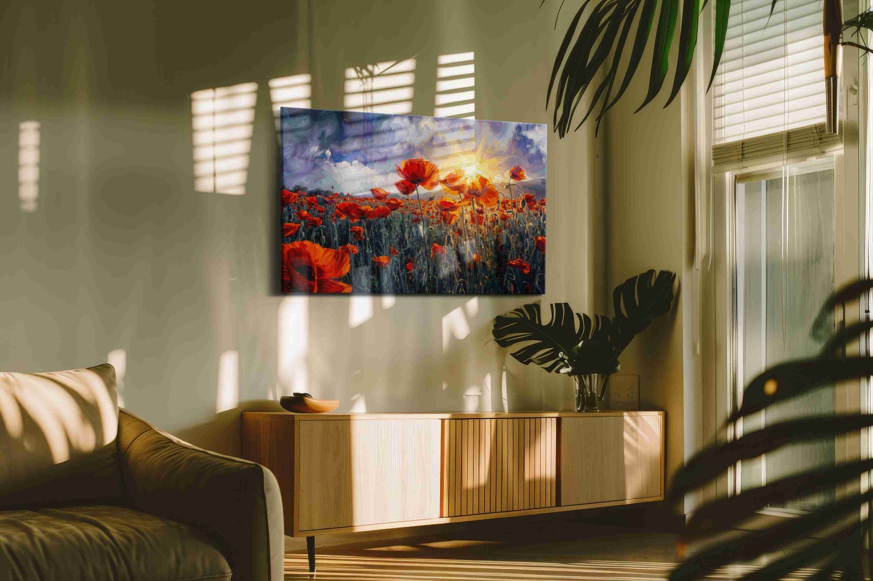 Embers Beneath the Storm poppies canvas print, on wall, lifestyle preview