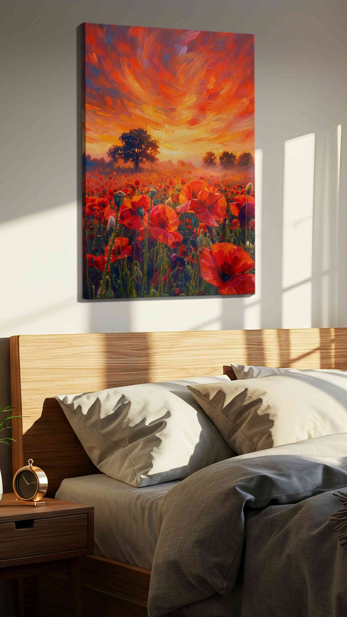 Emberwind Poppy Reverie poppies canvas print, displayed in a bedroom