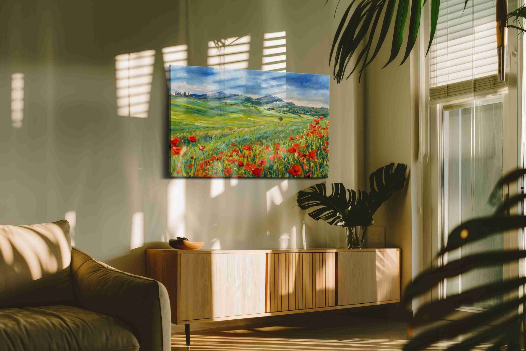 Poppies Beneath the Tuscan Storm poppies canvas print, displayed in a living room