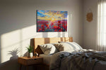 Solar Hymn in Poppies poppies canvas print, displayed in a bedroom