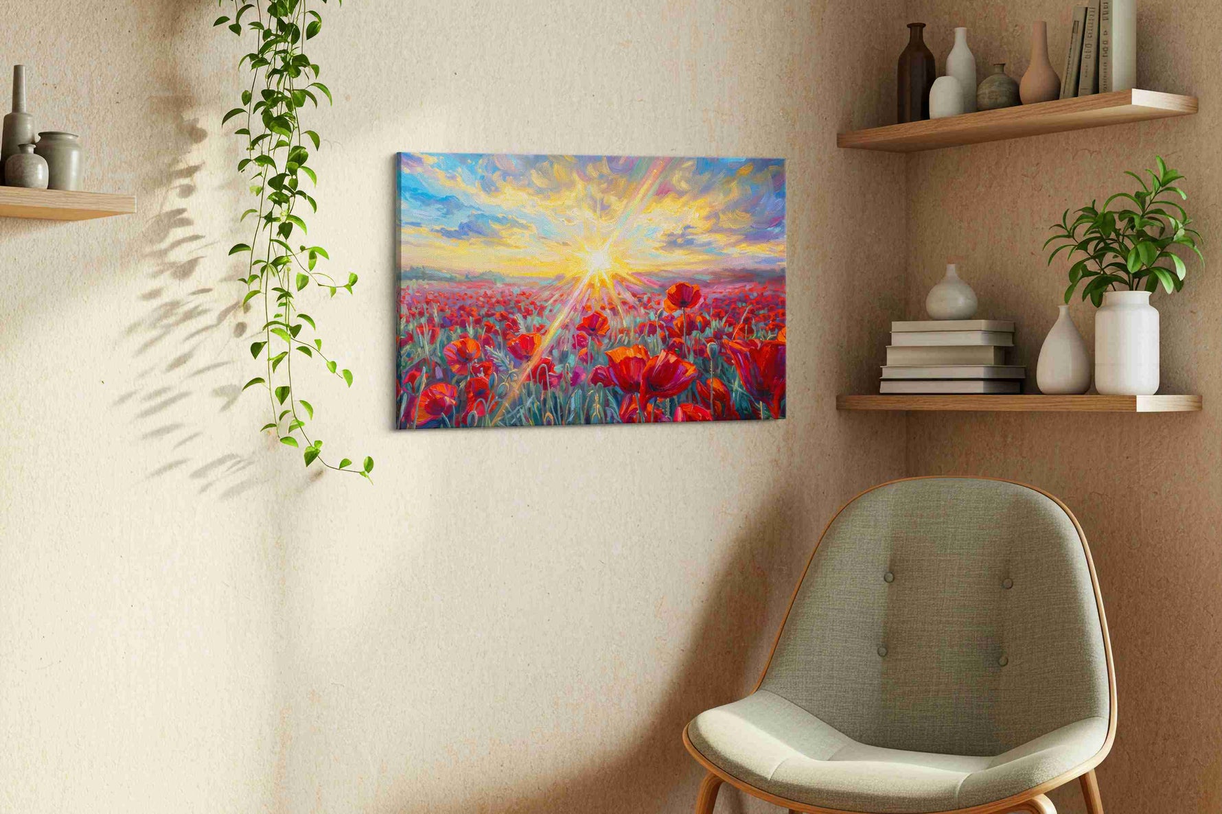 Solar Hymn in Poppies poppies canvas print styled in a living room