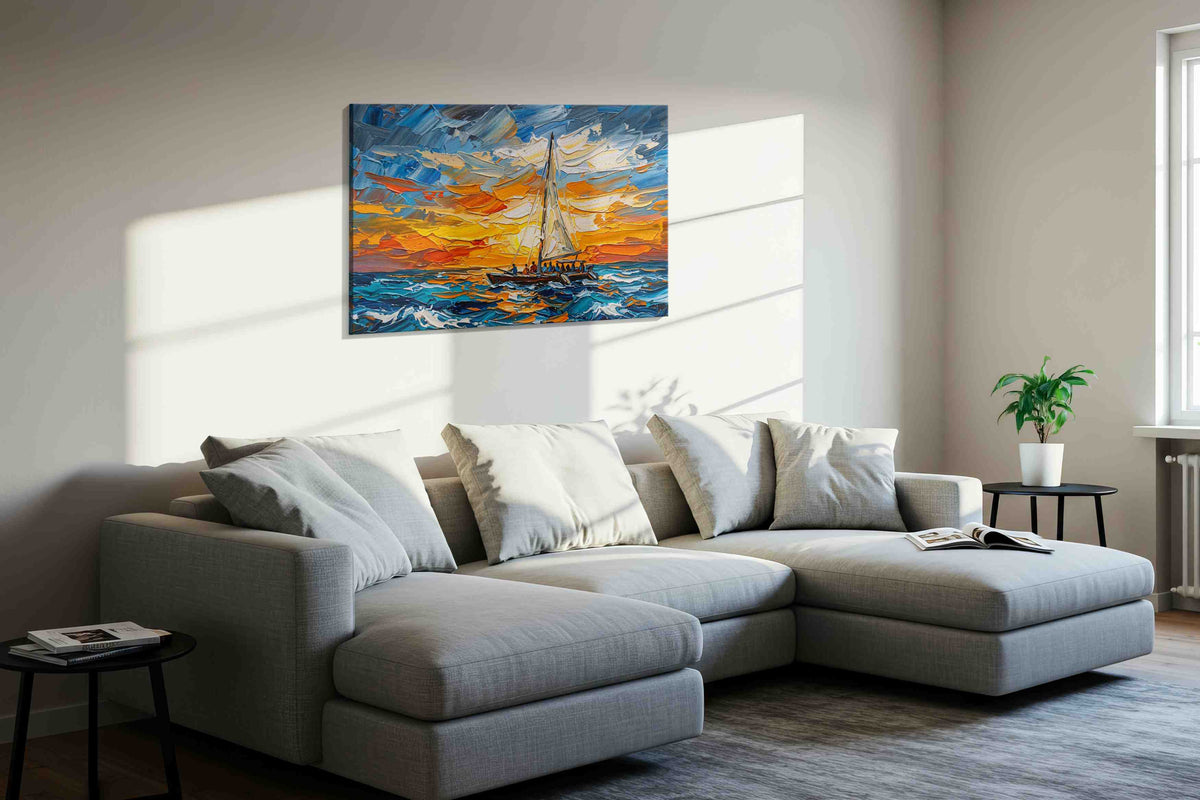 Ember Tide Voyage sailing canvas print in a living room scene