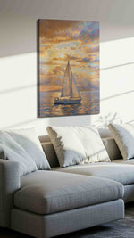 Gilded Passage at Dusk sailing canvas print, displayed in a living room