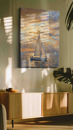 Gilded Passage at Dusk sailing canvas print in a contemporary interior mockup