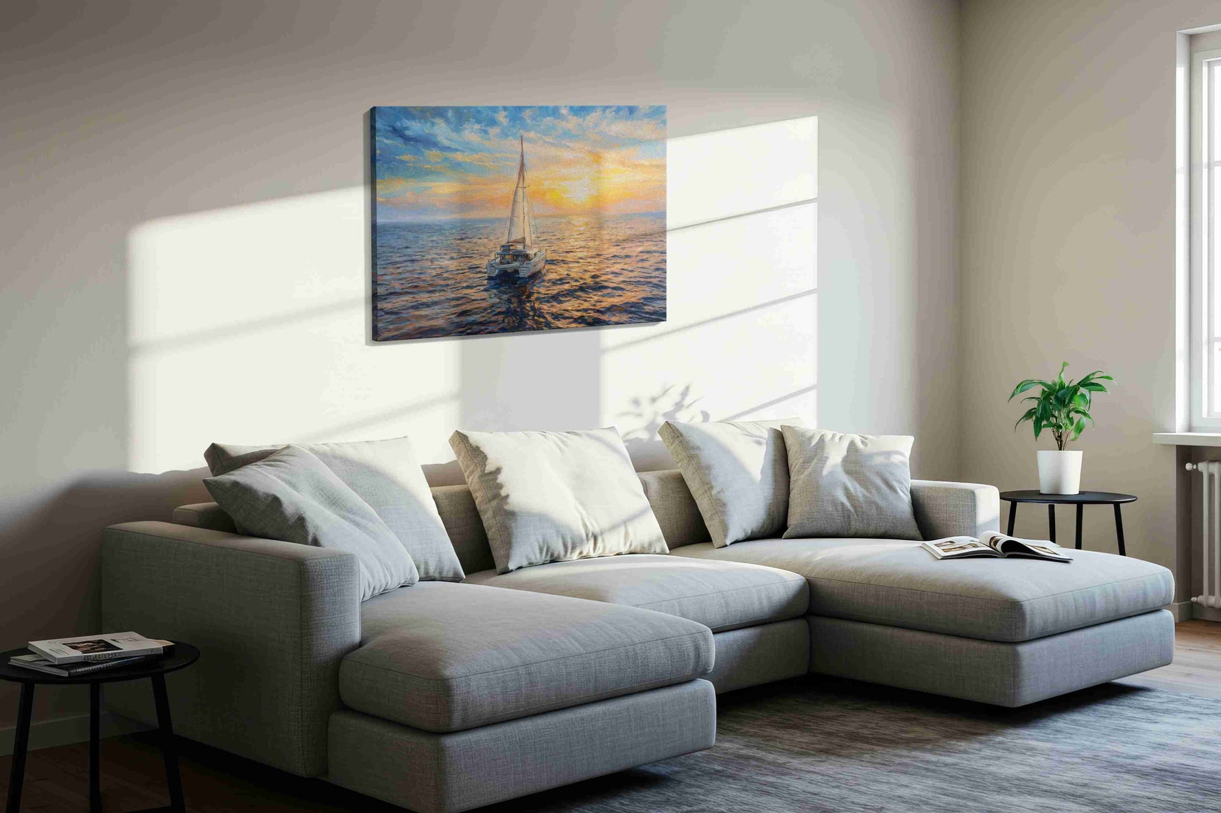 Solstice Sail into Gold sailing canvas print, displayed in a living room