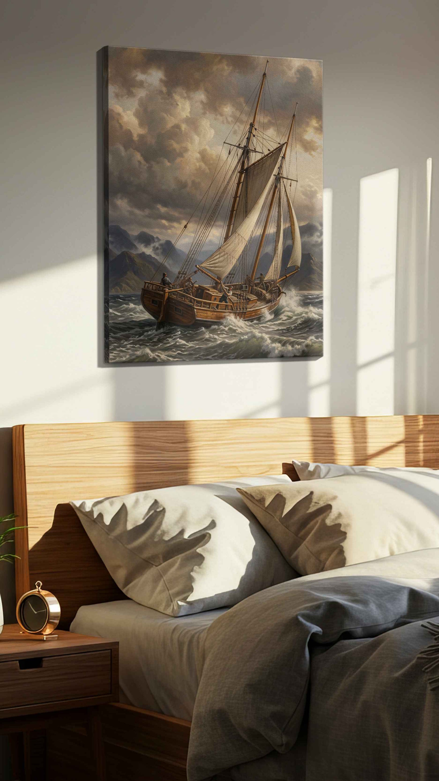Tempest Over Silent Fjords sailing canvas print, displayed in a bedroom