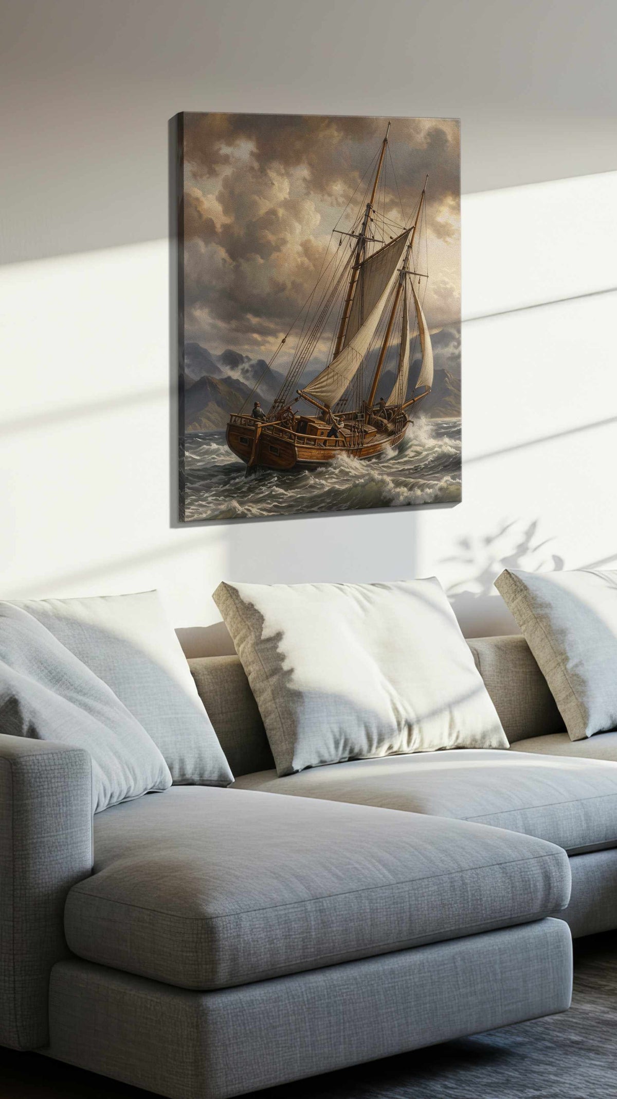 Tempest Over Silent Fjords sailing canvas print, displayed in a living room