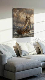 Tempest Over Silent Fjords sailing canvas print, displayed in a living room