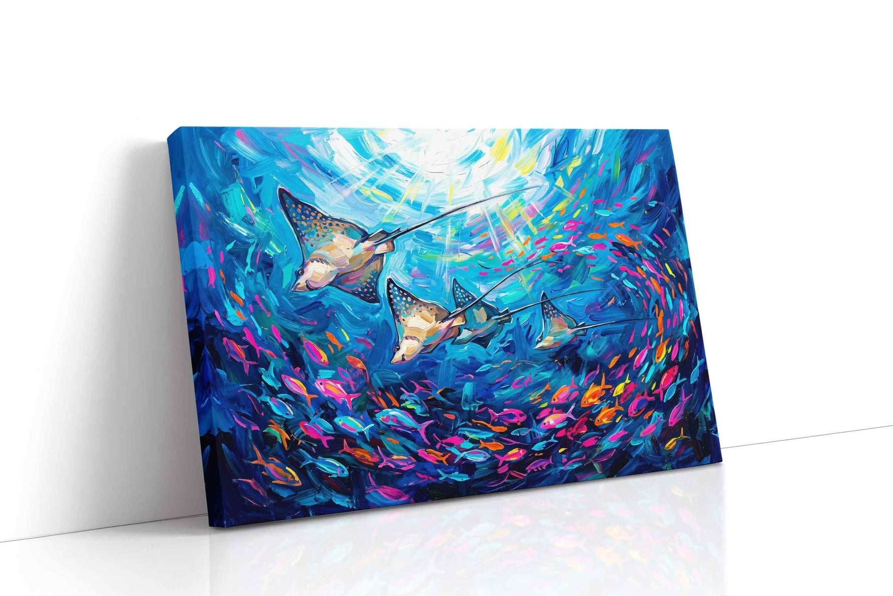 Neon Rays Beneath the Azure sealife canvas print, gallery-wrapped, ready to hang
