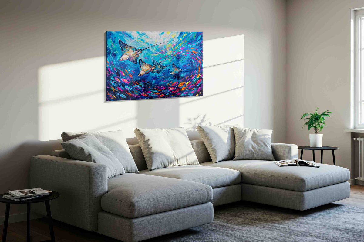 Neon Rays Beneath the Azure sealife canvas print, displayed in a living room