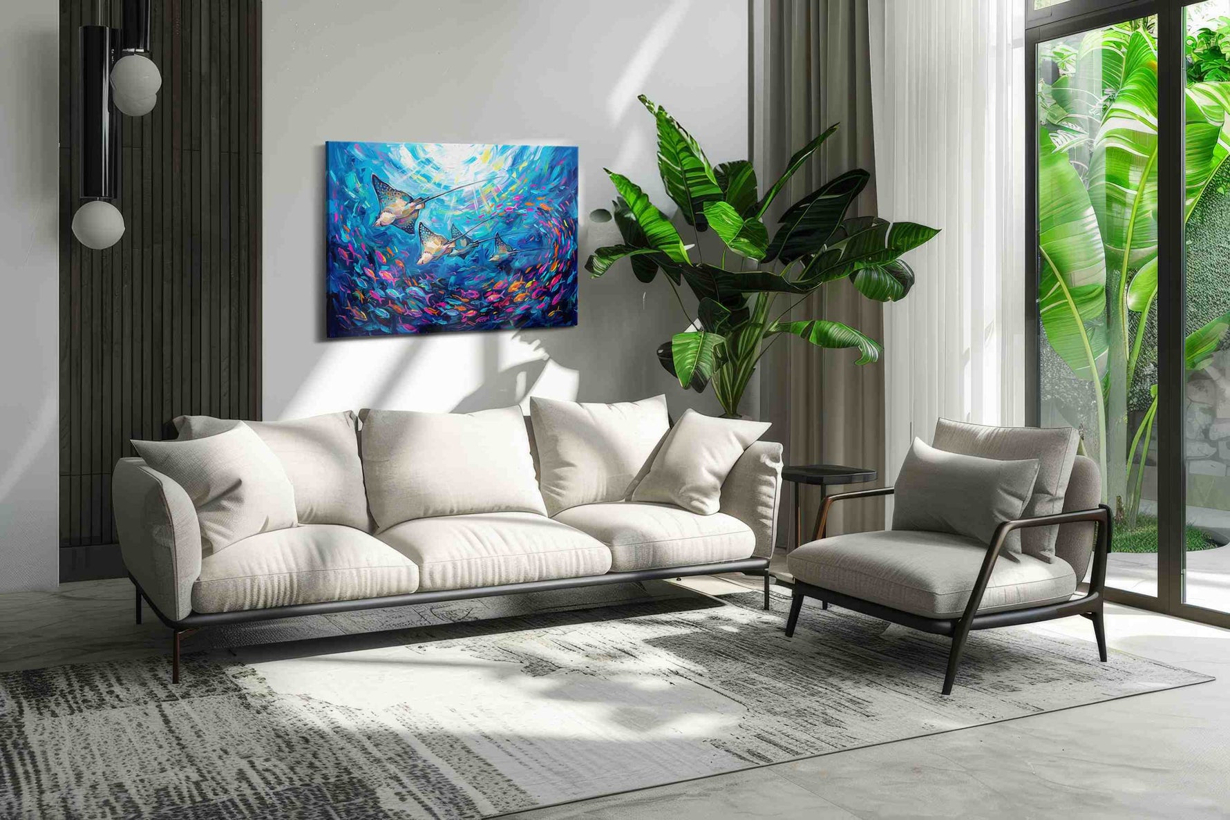 Neon Rays Beneath the Azure sealife canvas print in a hung canvas mockup