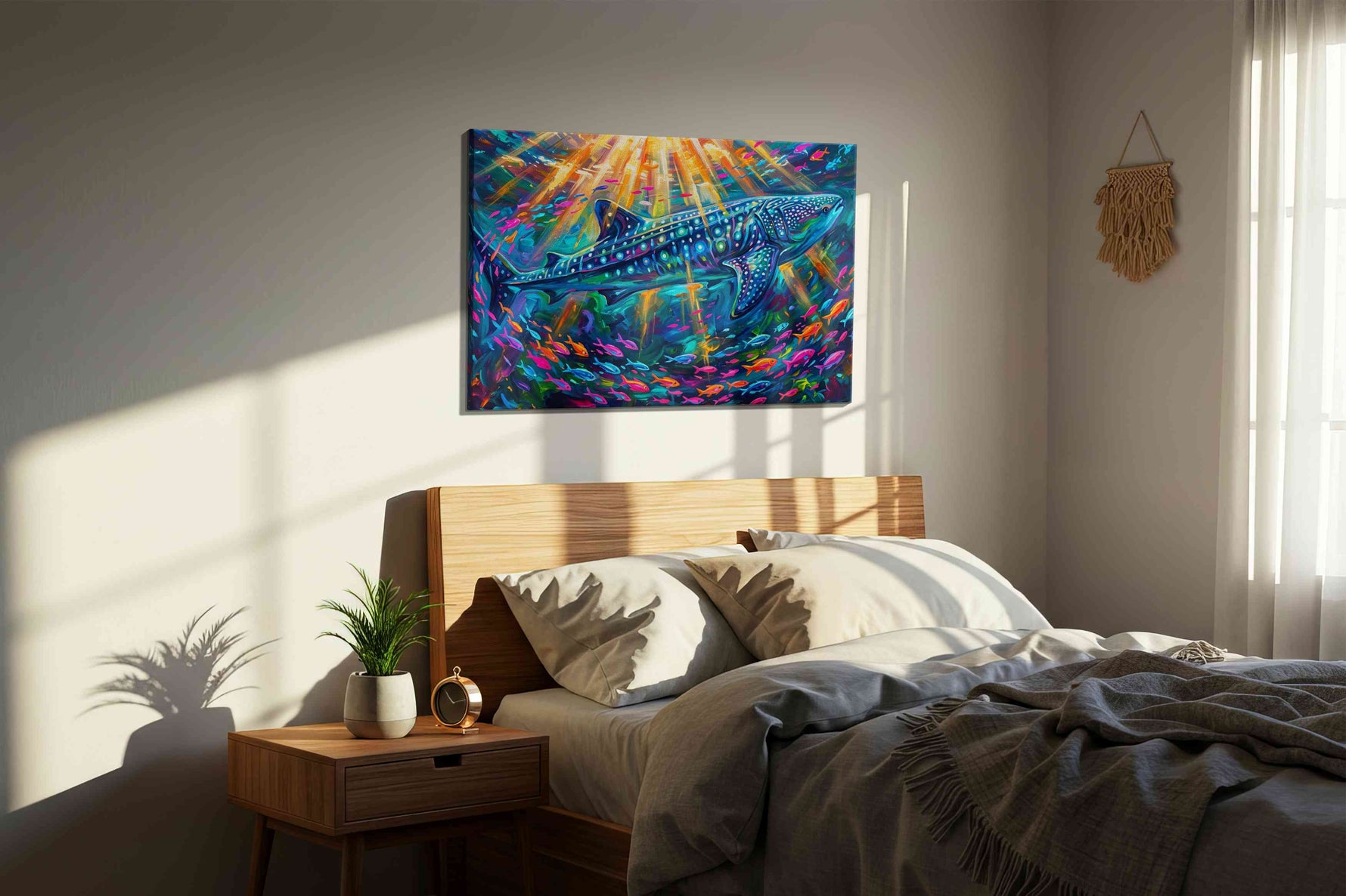 Sunlit Leviathan Reef sealife canvas print, displayed in a bedroom
