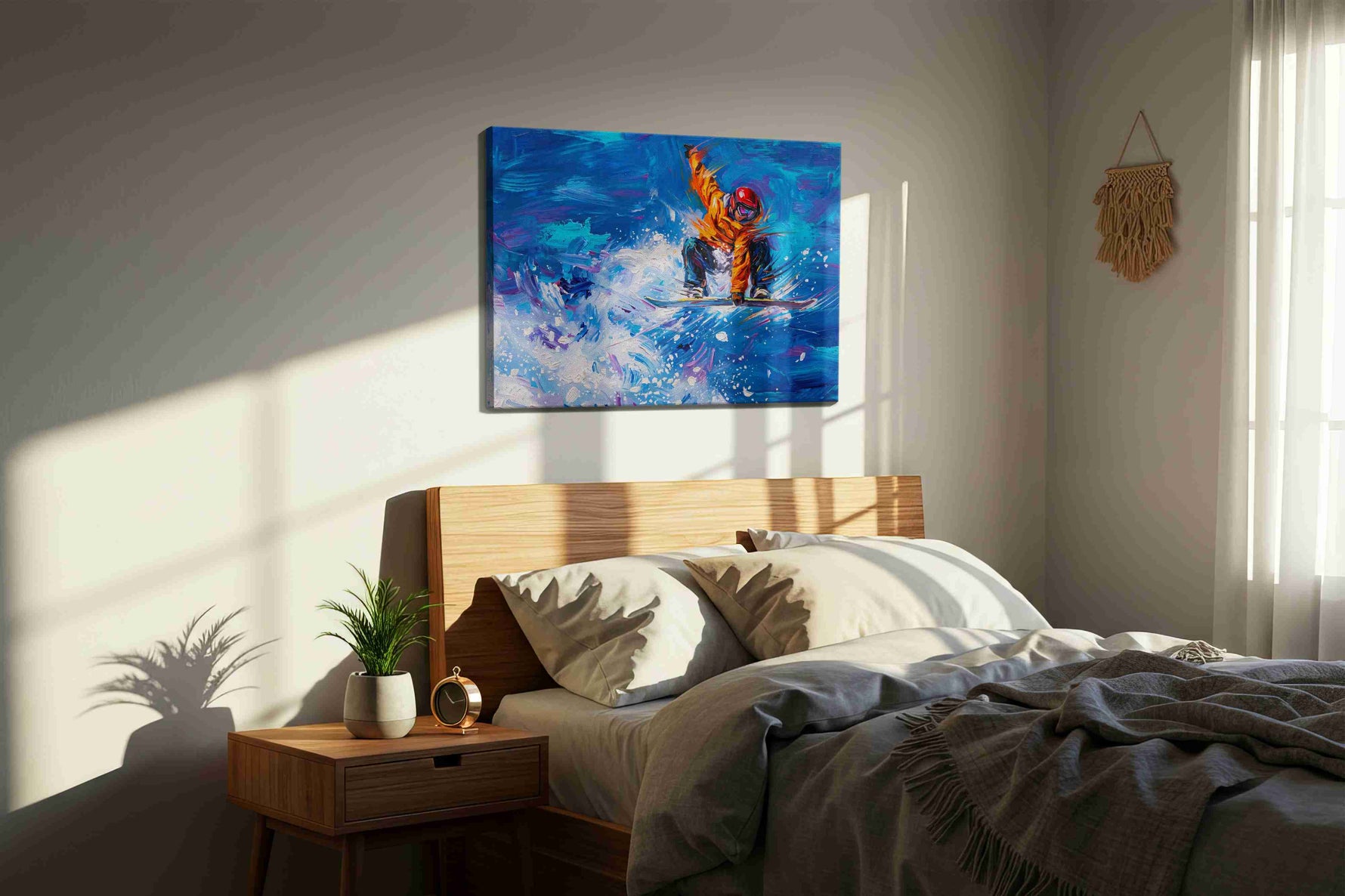 Tangerine Surge sports canvas print, displayed in a bedroom