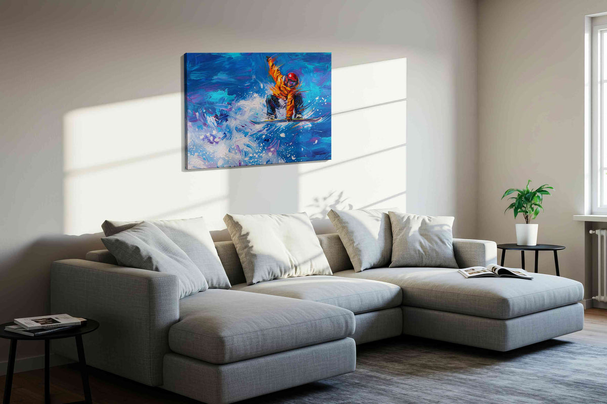 Tangerine Surge sports canvas print, displayed in a living room