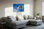 Tangerine Surge sports canvas print, displayed in a living room
