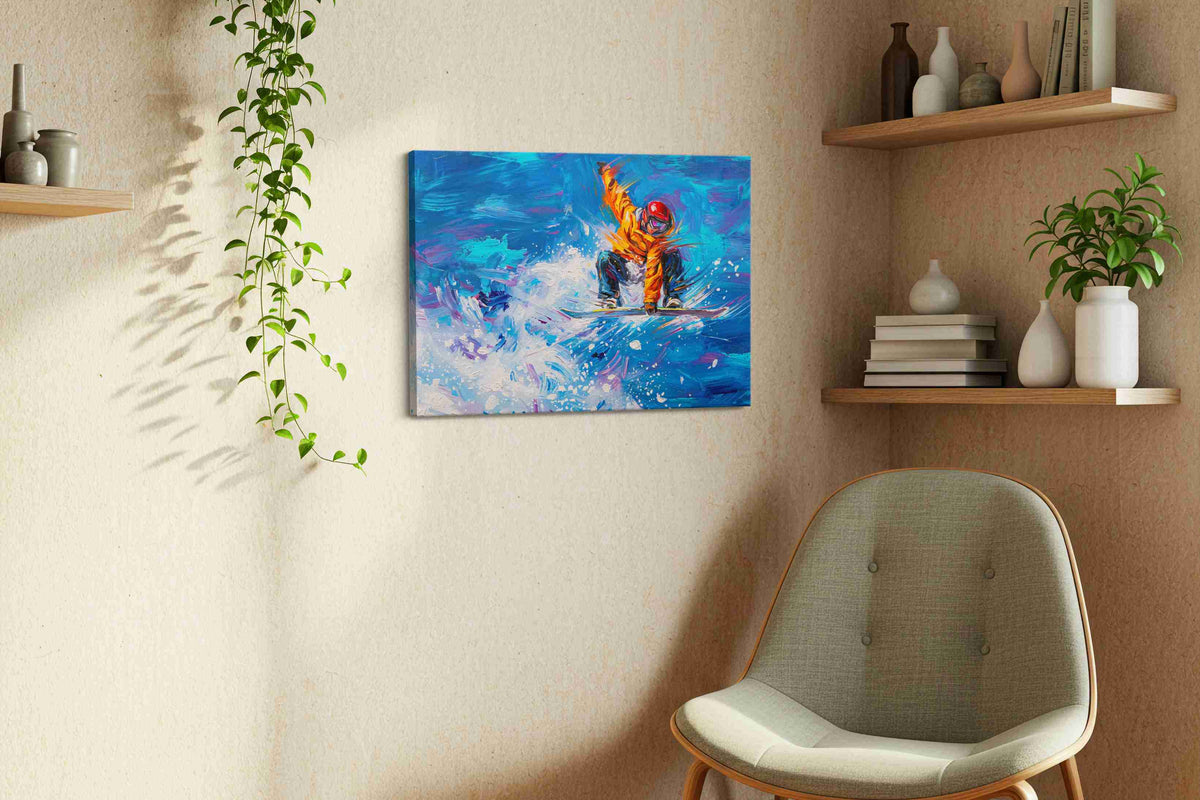 Tangerine Surge sports canvas print in a living room scene