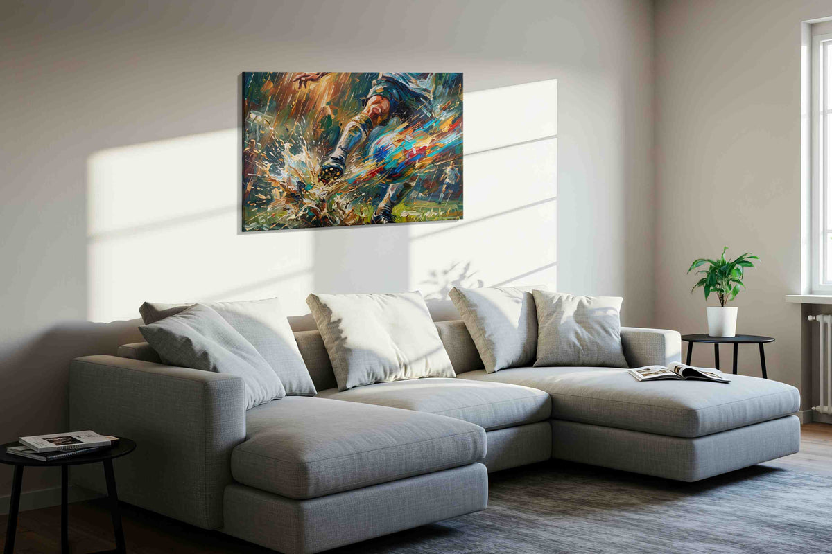 Tempest Through the Goalmouth sports canvas print, displayed in a living room