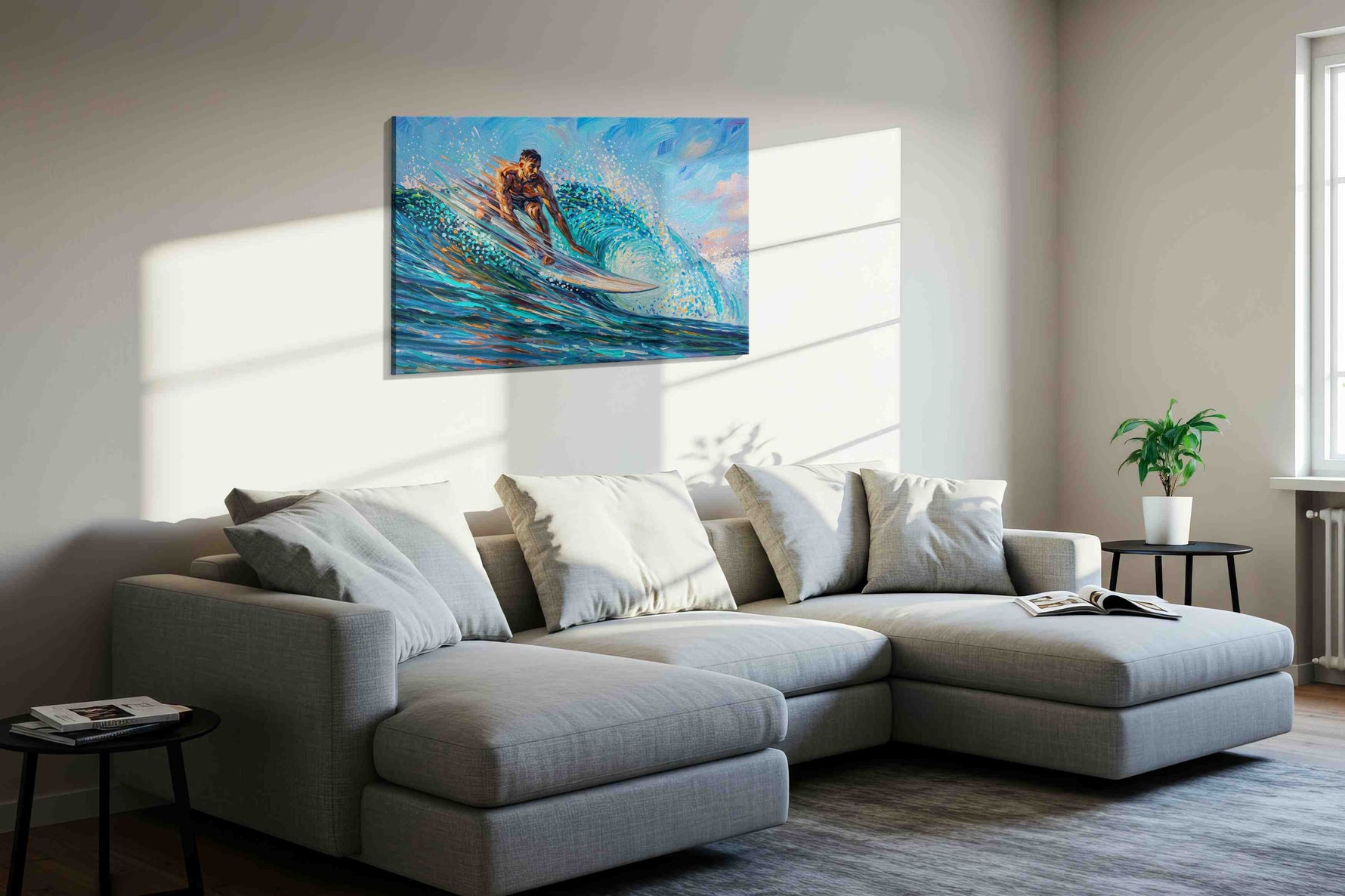 Turquoise Breaker Ascendant sports canvas print, displayed in a living room