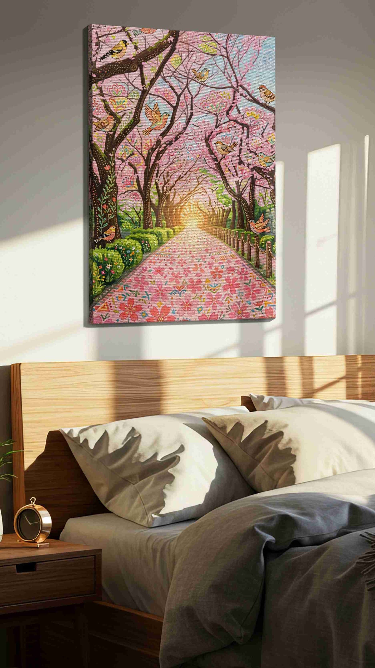 Birdsong Through Blossomlight spring canvas print, displayed in a bedroom