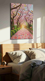 Birdsong Through Blossomlight spring canvas print, displayed in a bedroom