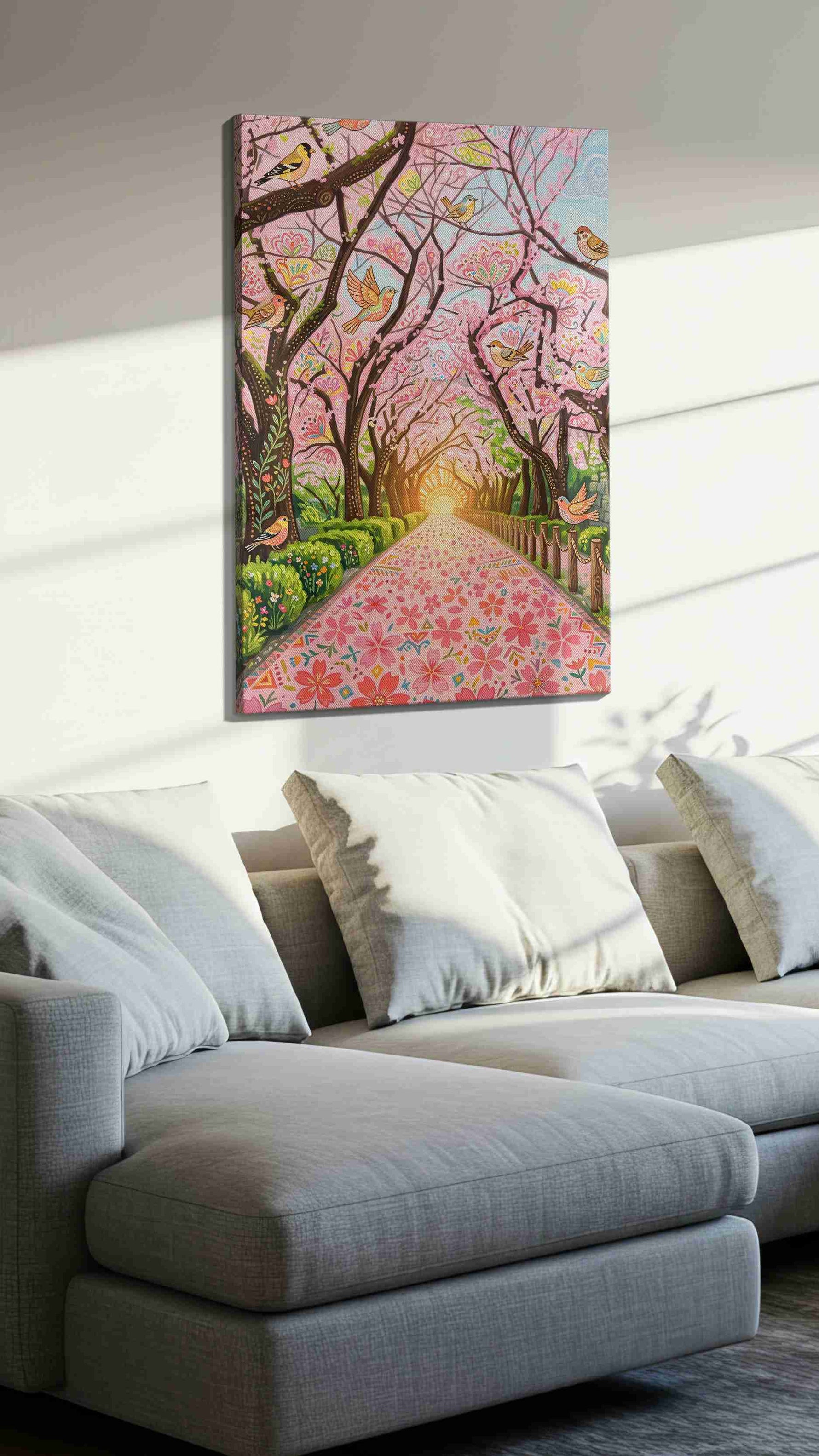 Birdsong Through Blossomlight spring canvas print, displayed in a living room