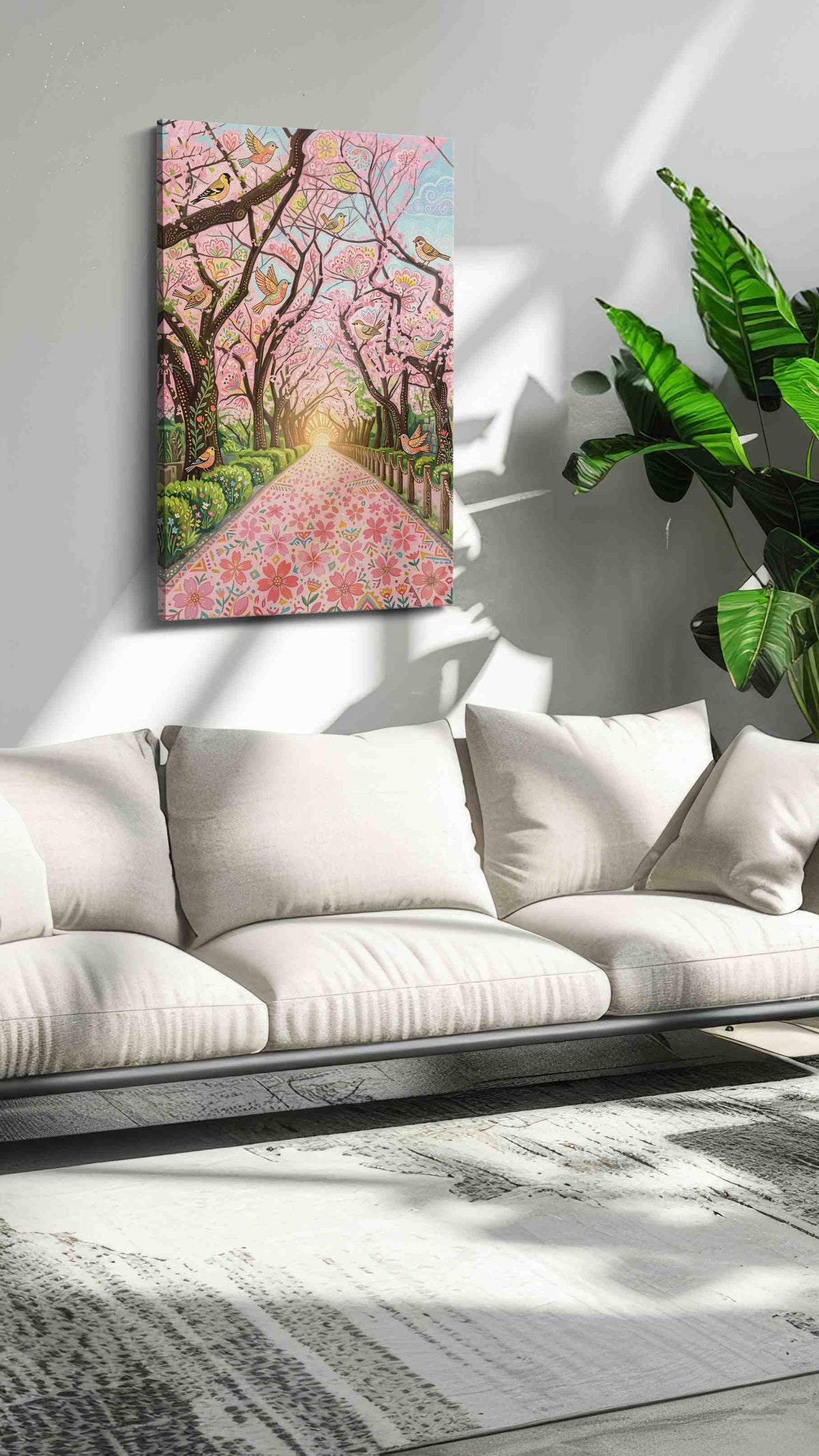 Birdsong Through Blossomlight spring canvas print, hanging on wall
