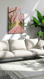Birdsong Through Blossomlight spring canvas print, hanging on wall