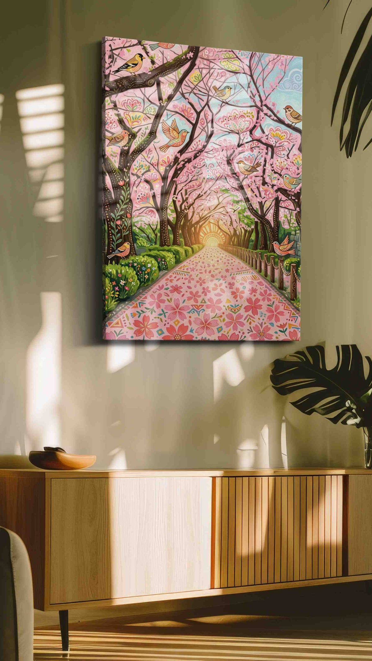 Birdsong Through Blossomlight spring canvas print in a hung canvas mockup