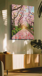 Birdsong Through Blossomlight spring canvas print in a hung canvas mockup